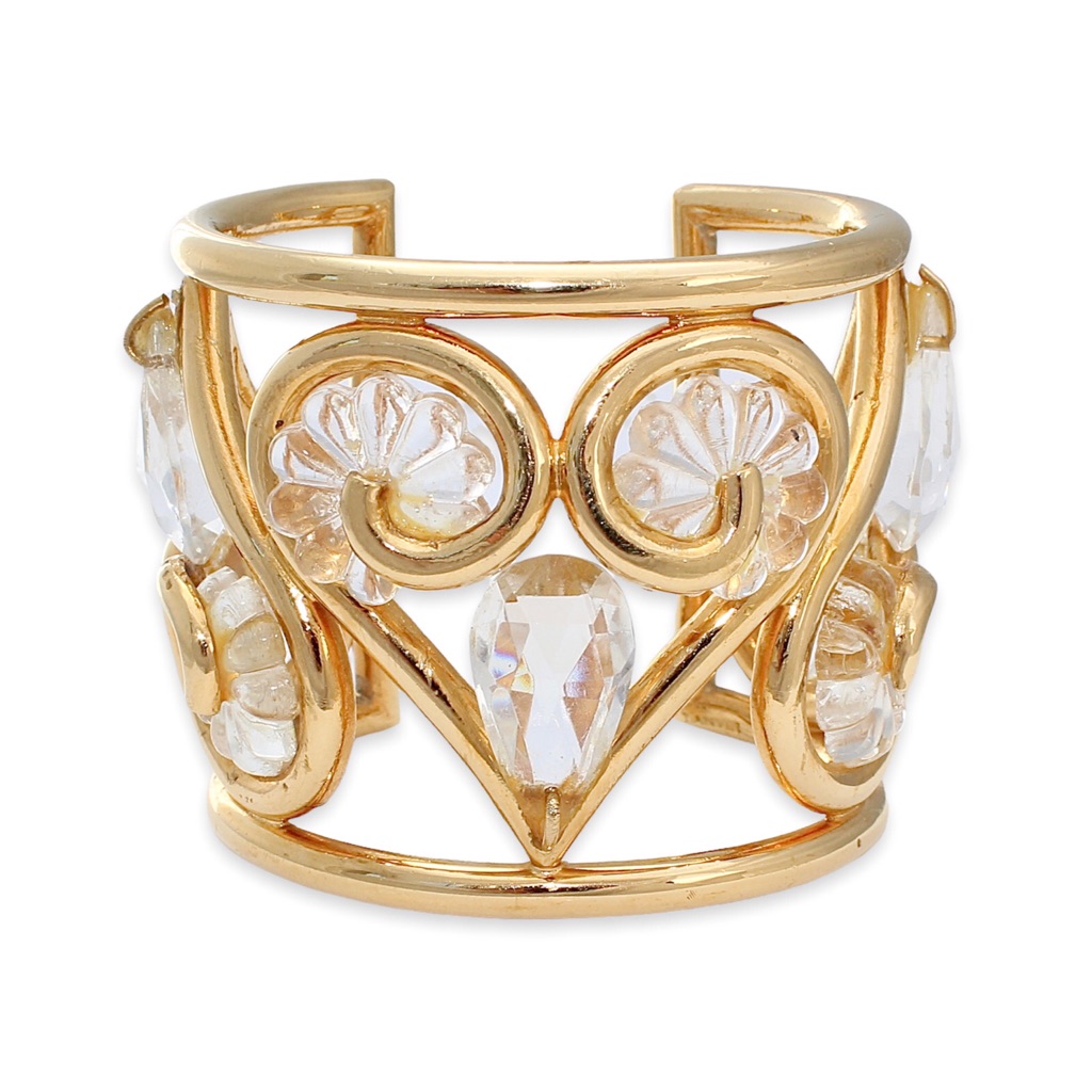 Vintage Lanvin Heart Cuff Bracelet Gold Plated With Glass Flowers Crystal Rare 890$